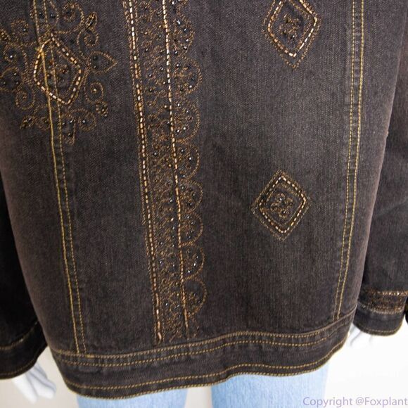 Laura Ashley brown beaded embroidered button up jean jacket, size M - Picture 13 of 16